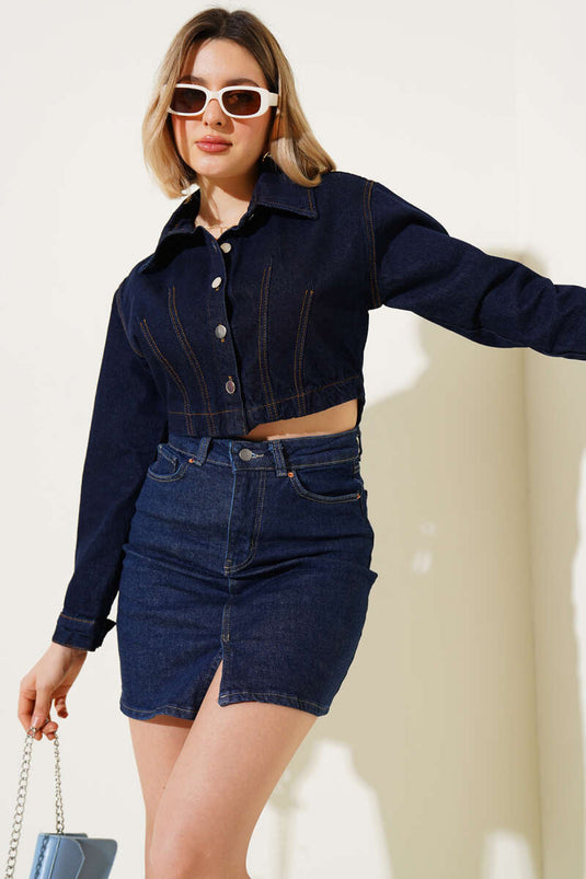 Veste en jean courte à coutures bleu marine