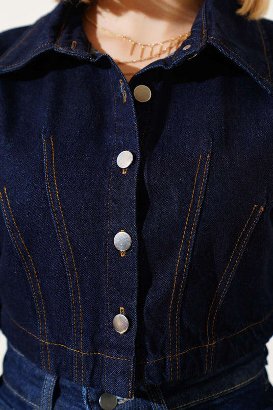 Veste en jean courte à coutures bleu marine