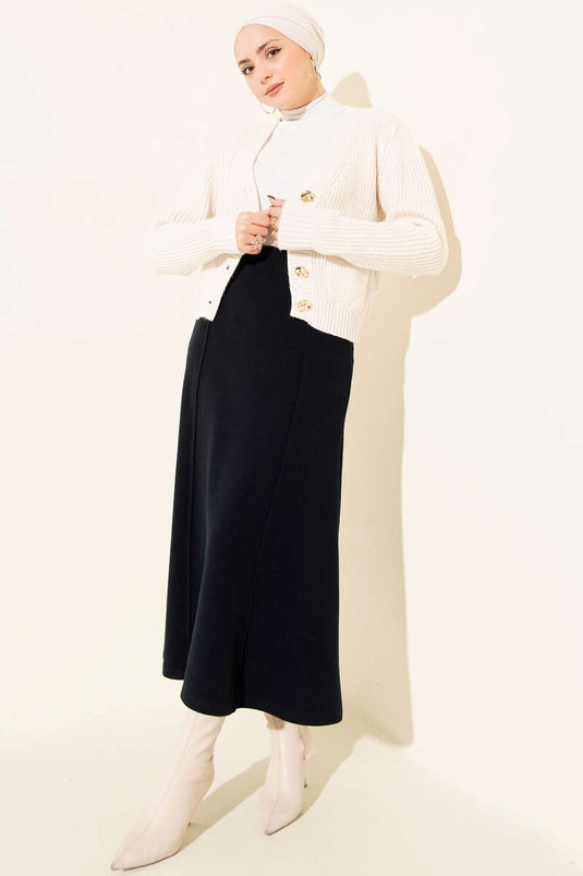 Seamed Corduroy Cashmere Skirt, Navy Blue