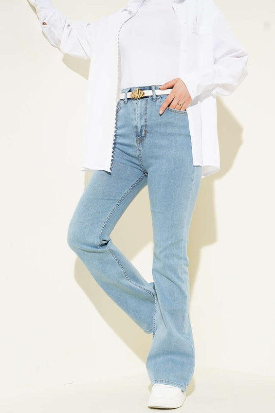 Stitched Bell-bottom Jeans Light Blue Snow