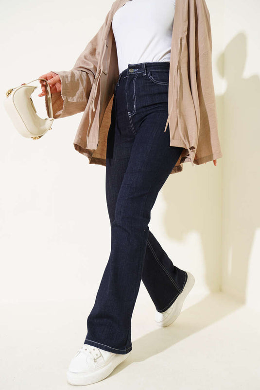 Dikişli İspanyol Paça Kot Pantolon Lacivert