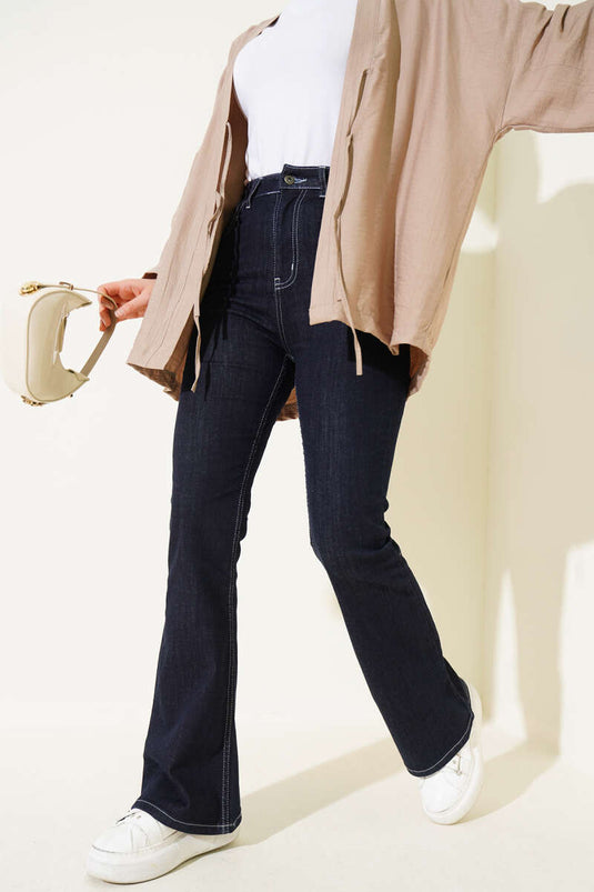 Dikişli İspanyol Paça Kot Pantolon Lacivert