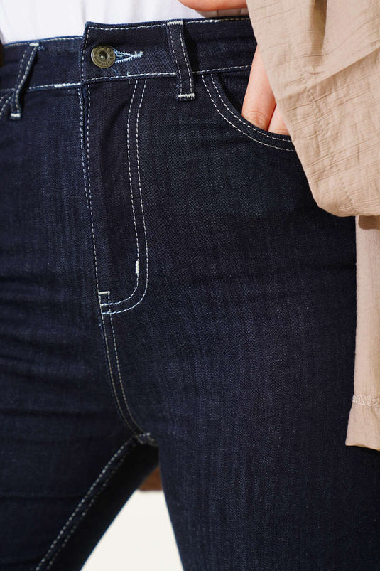 Dikişli İspanyol Paça Kot Pantolon Lacivert