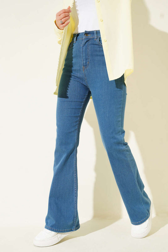 Dikişli İspanyol Paça Kot Pantolon Orta Mavi