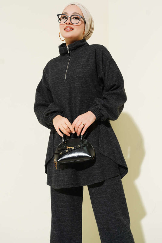 Dikişli Yarım Fermuarlı Kaşe İkili Takım Antrasit