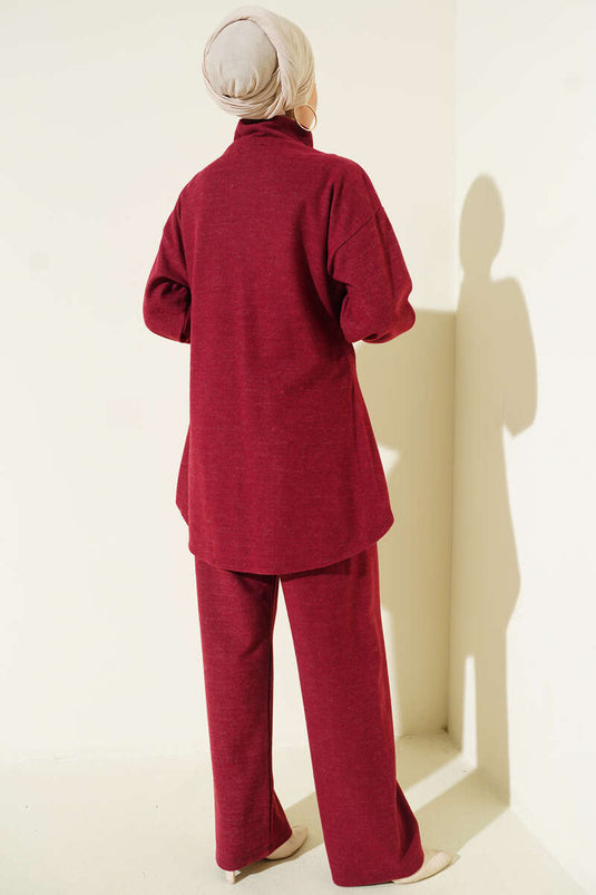 Dikişli Yarım Fermuarlı Kaşe İkili Takım Bordo