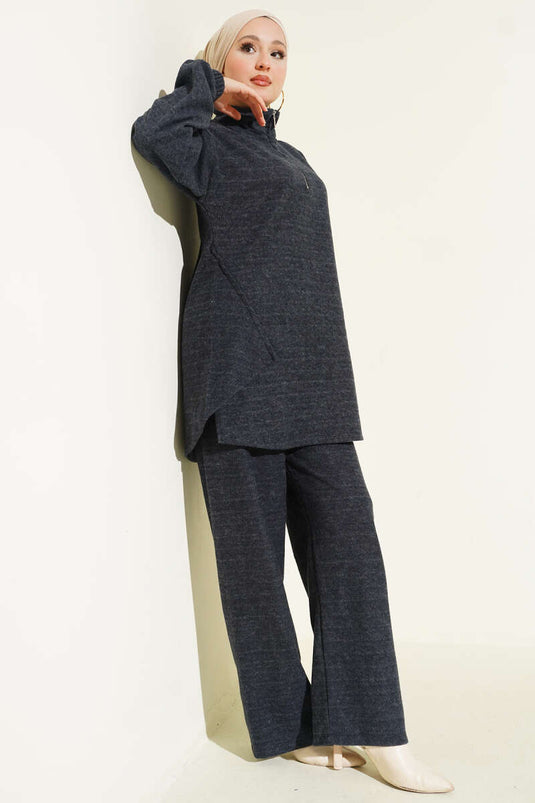 Stitched Half-Zip Cashmere Two-Piece Set, Smoke Grey