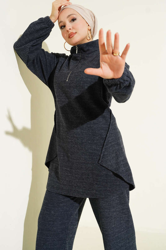 Zweiteiliges Set aus genähtem Kaschmir mit halbem Reißverschluss, Rauchgrau