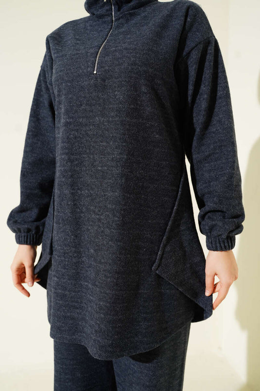 Stitched Half-Zip Cashmere Two-Piece Set, Smoke Grey