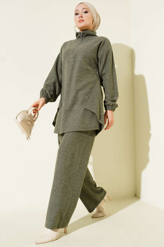 Zweiteiliges Set aus genähtem Kaschmir mit halbem Reißverschluss, Khaki