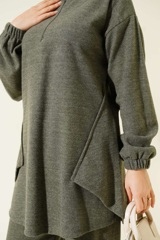 Zweiteiliges Set aus genähtem Kaschmir mit halbem Reißverschluss, Khaki