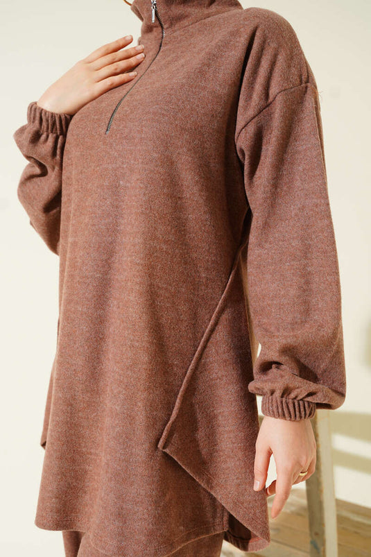 Zweiteiliges Set aus genähtem Kaschmir mit halbem Reißverschluss, Kaffeebraun