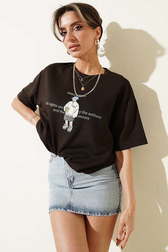 T-shirt con stampa Disclaimer Marrone