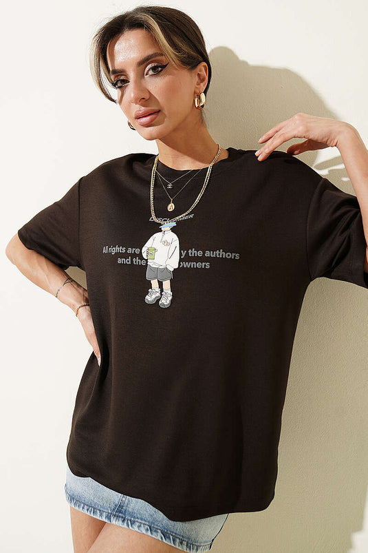 T-shirt con stampa Disclaimer Marrone