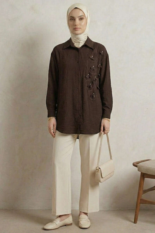 Textured Crepe Floral Shirt Dark Brown