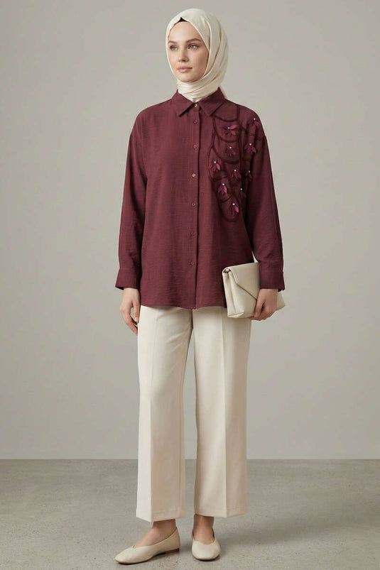 Textured Crepe Floral Shirt Burgundy