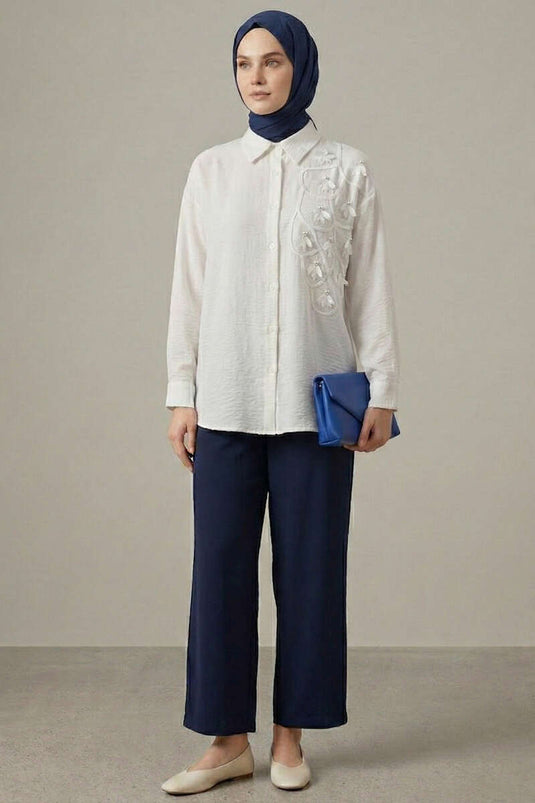 Textured Crepe Floral Shirt Ecru