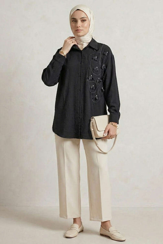 Textured Crepe Floral Shirt Black
