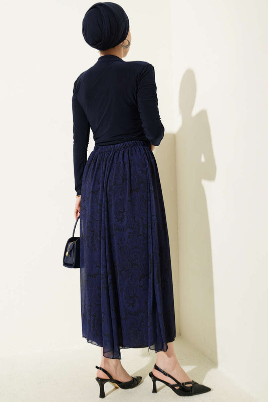 Flowy Collar Patterned Two-Piece Set Navy Blue