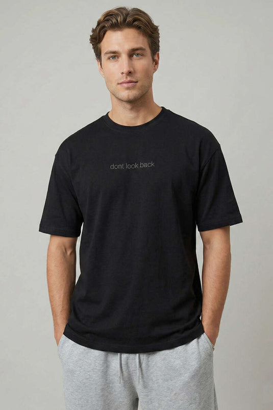 Don't Look Back Baskılı Oversize Erkek T-shirt Siyah