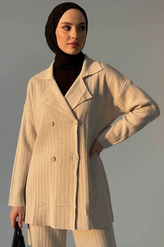 Four Button Detailed Knit Two-Piece Set Beige
