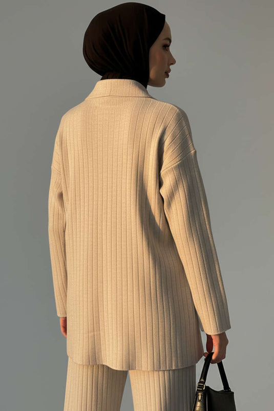 Four Button Detailed Knit Two-Piece Set Beige