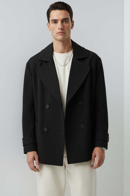 Trench-coat noir à quatre boutons pour homme