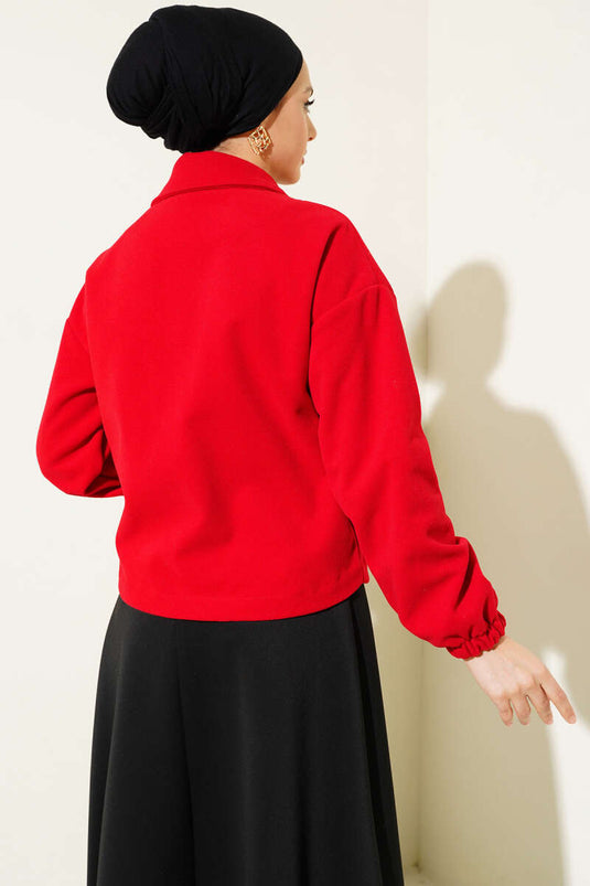 Dört Düğmeli Kısa Kaşe Kaban Kırmızı