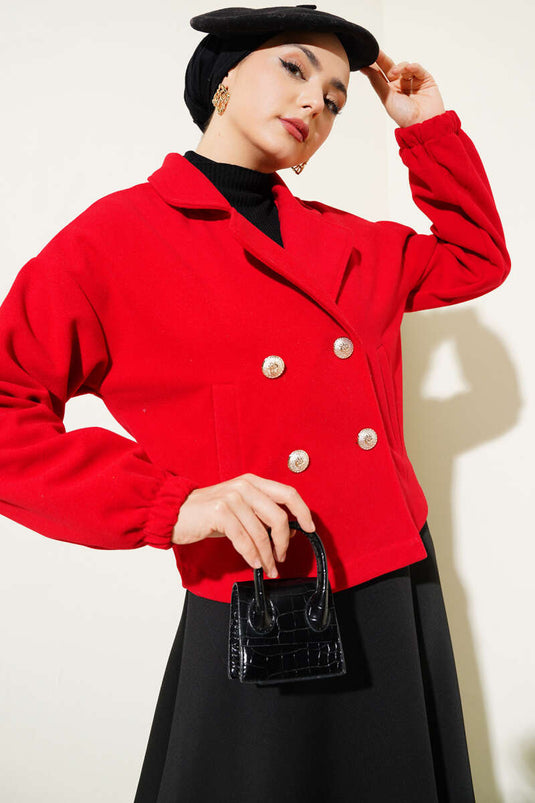 Four Button Short Wool Coat Red