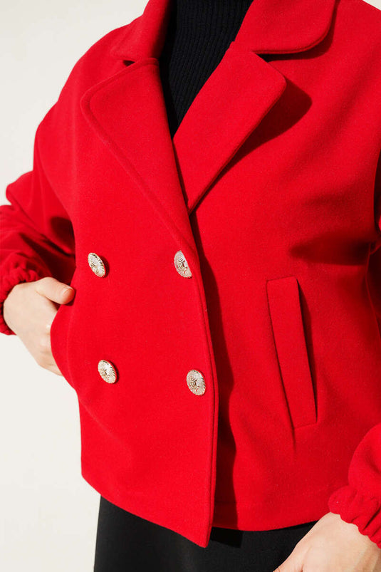 Dört Düğmeli Kısa Kaşe Kaban Kırmızı