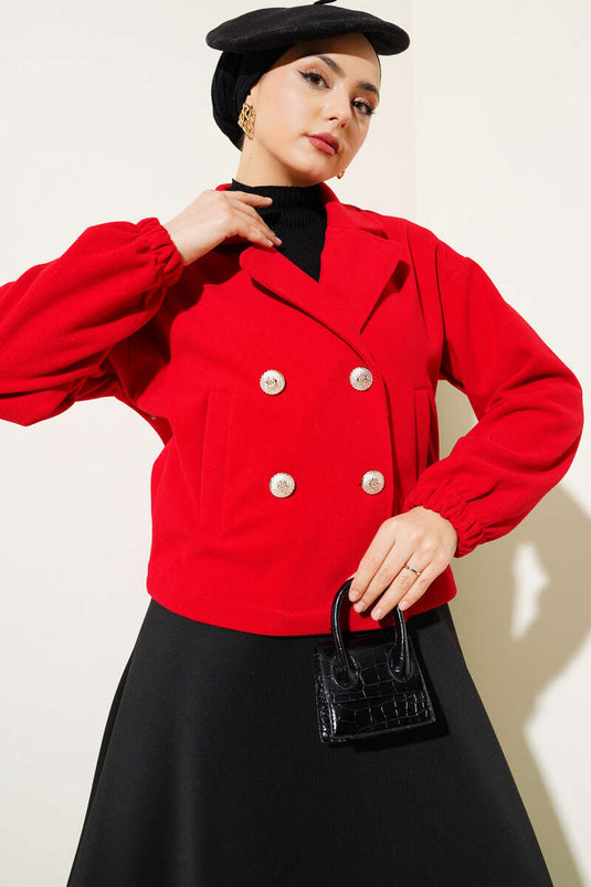 Four Button Short Wool Coat Red