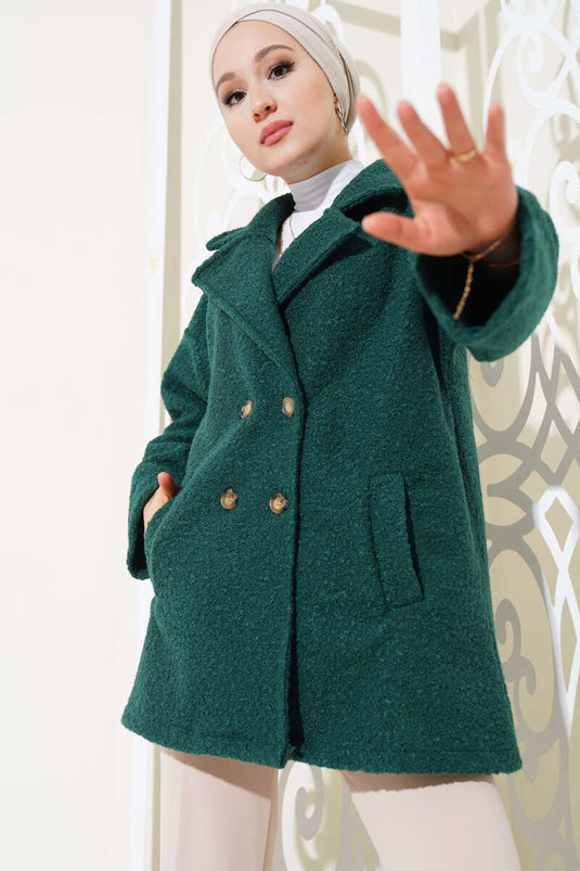 Four Button Double Breasted Boucle Coat Emerald