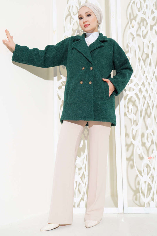 Four Button Double Breasted Boucle Coat Emerald