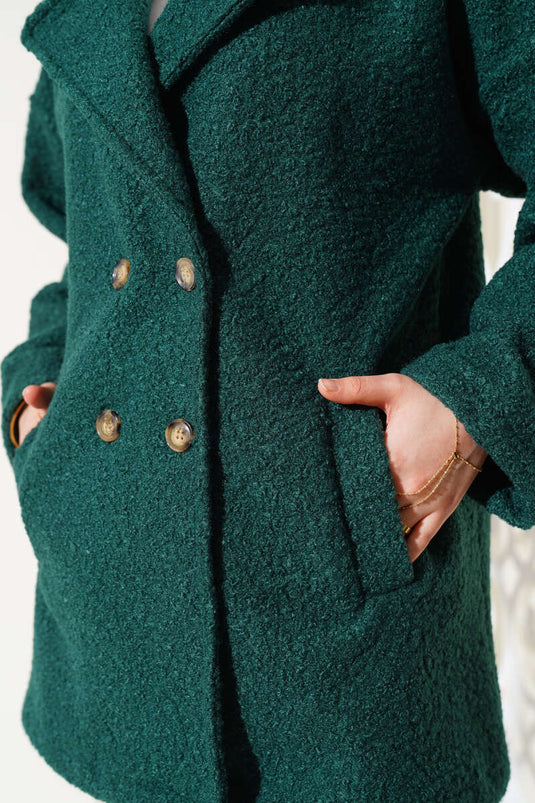 Four Button Double Breasted Boucle Coat Emerald
