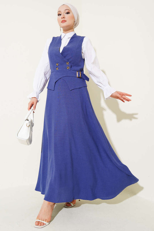 Four-Button Vest and Skirt Set, Blue