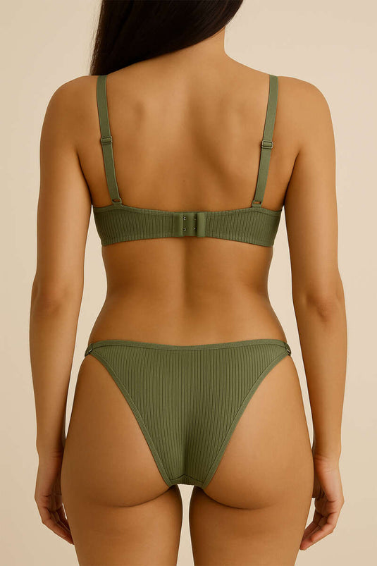 طقم حمالة صدر مزدوجة مضلعة للدفع لأعلى - كاكي