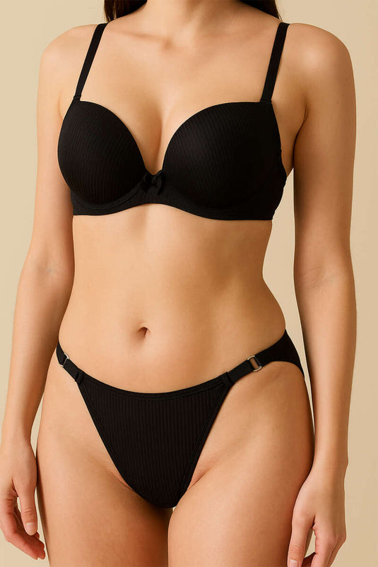 Double Push Up Fitilli Sütyen Takım Siyah