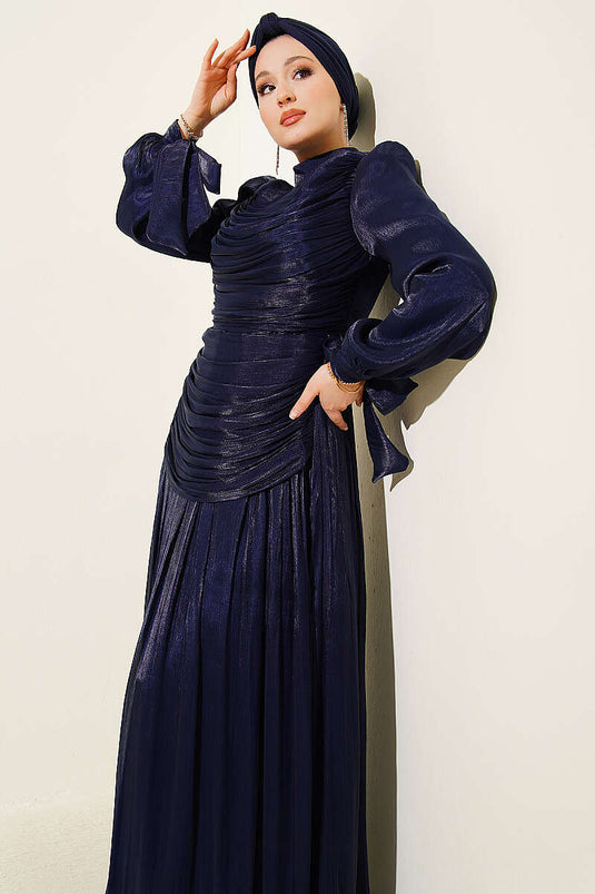 Robe de soirée Drapeli à manches longues avec lien, bleu marine