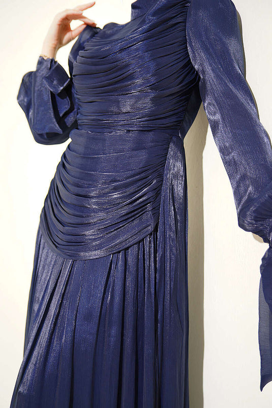 Robe de soirée Drapeli à manches longues avec lien, bleu marine