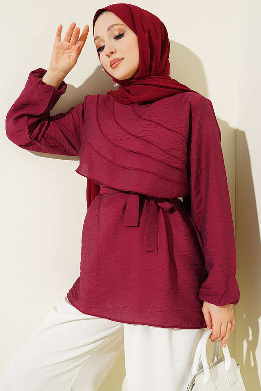 Drapeli Kuşaklı Tunik Bordo