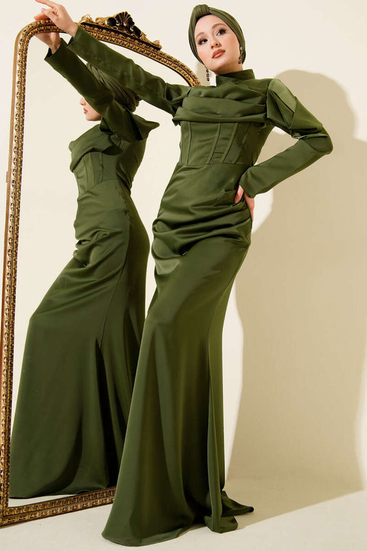 Draped Satin Evening Dress Khaki