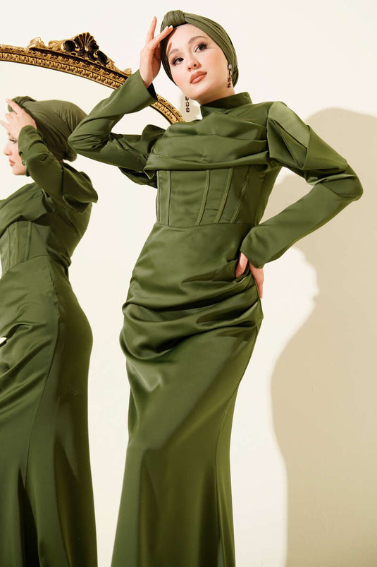 Draped Satin Evening Dress Khaki