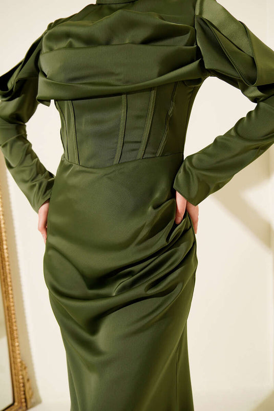 Draped Satin Evening Dress Khaki
