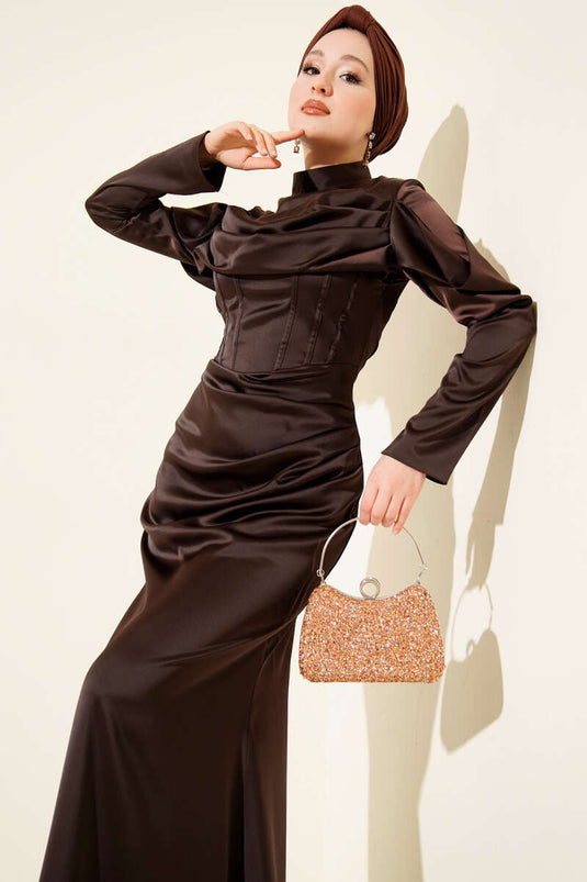 Draped Satin Evening Dress Brown