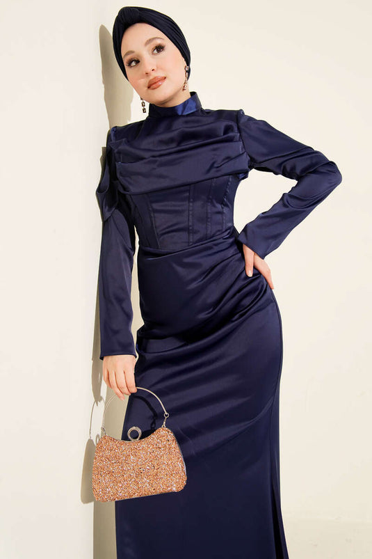 Draped Satin Evening Dress Navy Blue