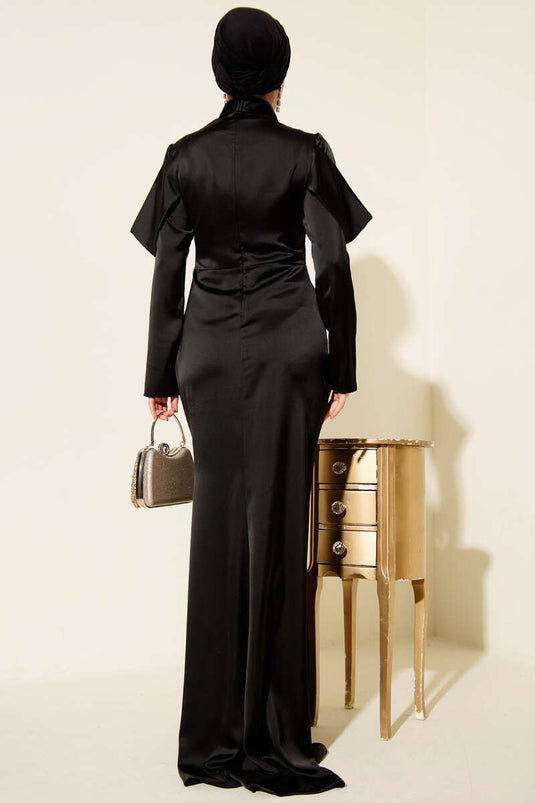 Draped Satin Evening Dress Black