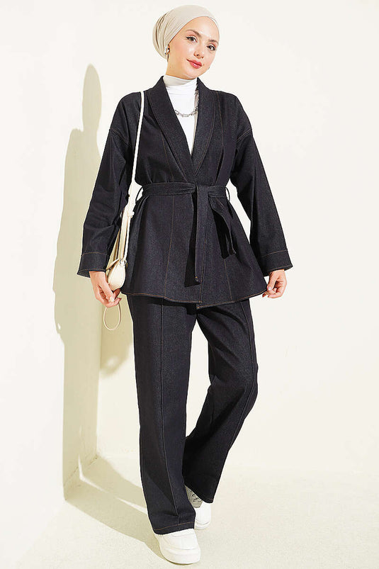 Linnen Met Dubbele Mouw Riem Denim Twee-Delige Set Navy