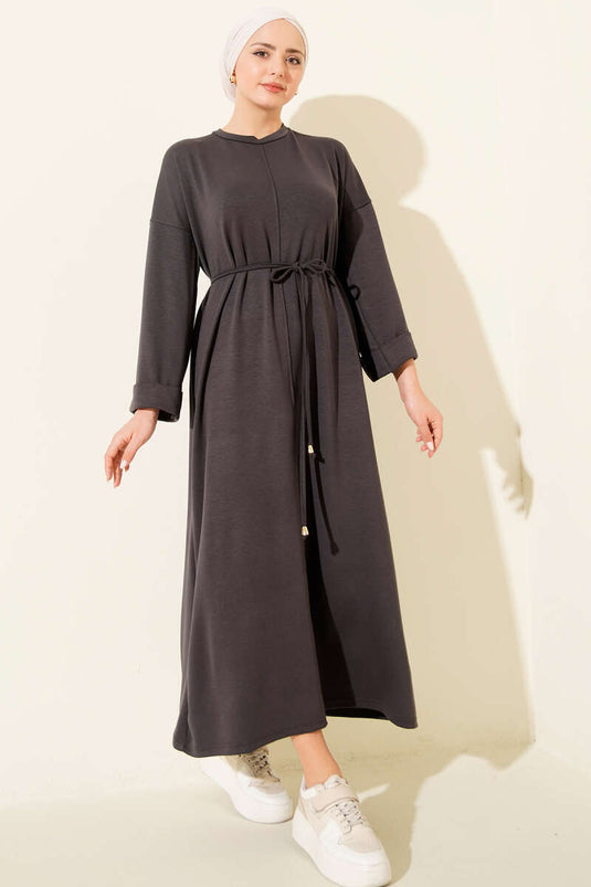 Double Sleeve Rope-Tied Dress Smoke Gray