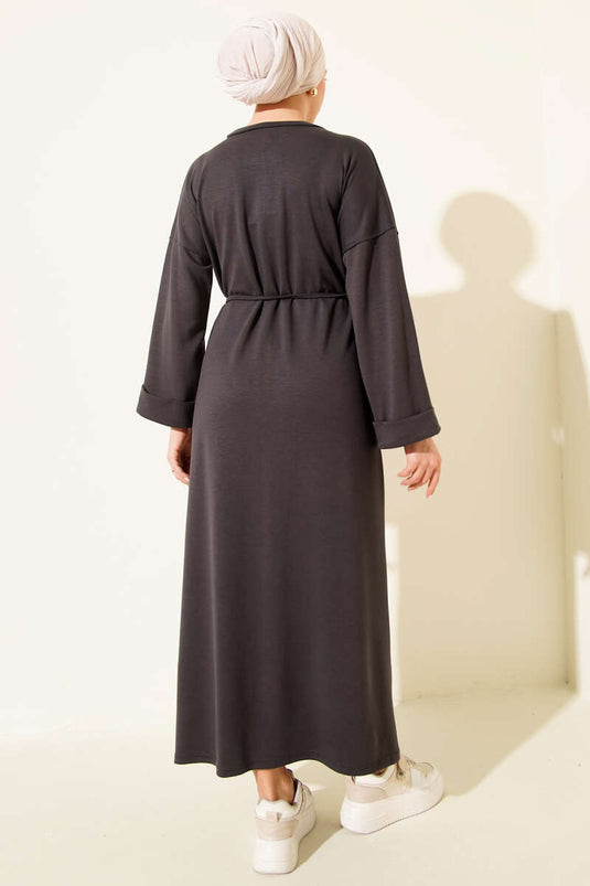 Double Sleeve Rope-Tied Dress Smoke Gray