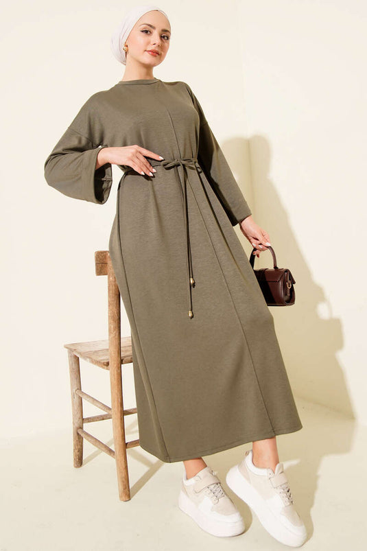 Double Sleeve Rope-Tied Dress Khaki